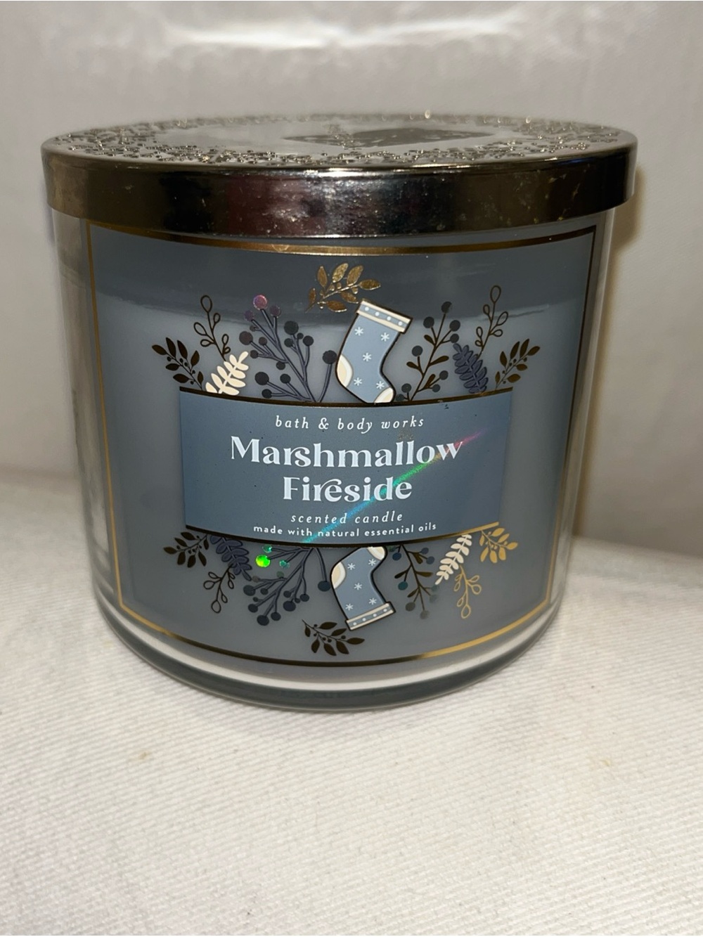 Bath & Body Works Marshmallow Fireside Candle - Gray with Gold Accents